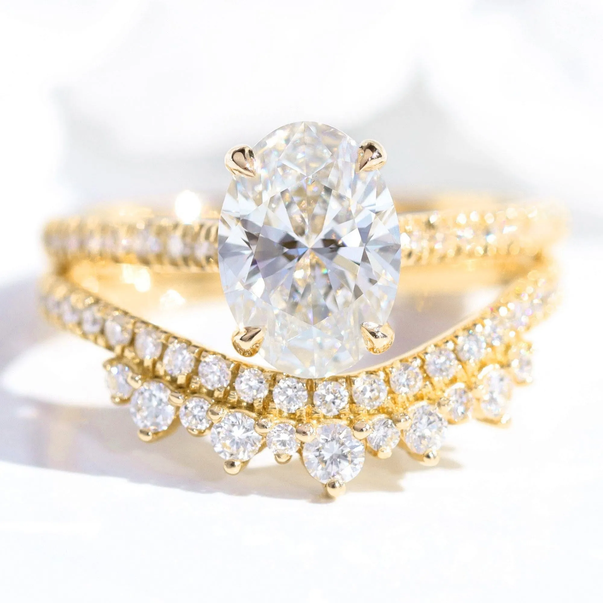2.10 Ctw Oval Diamond Ring Stack w/ Lab Diamond and Crown Wedding Band