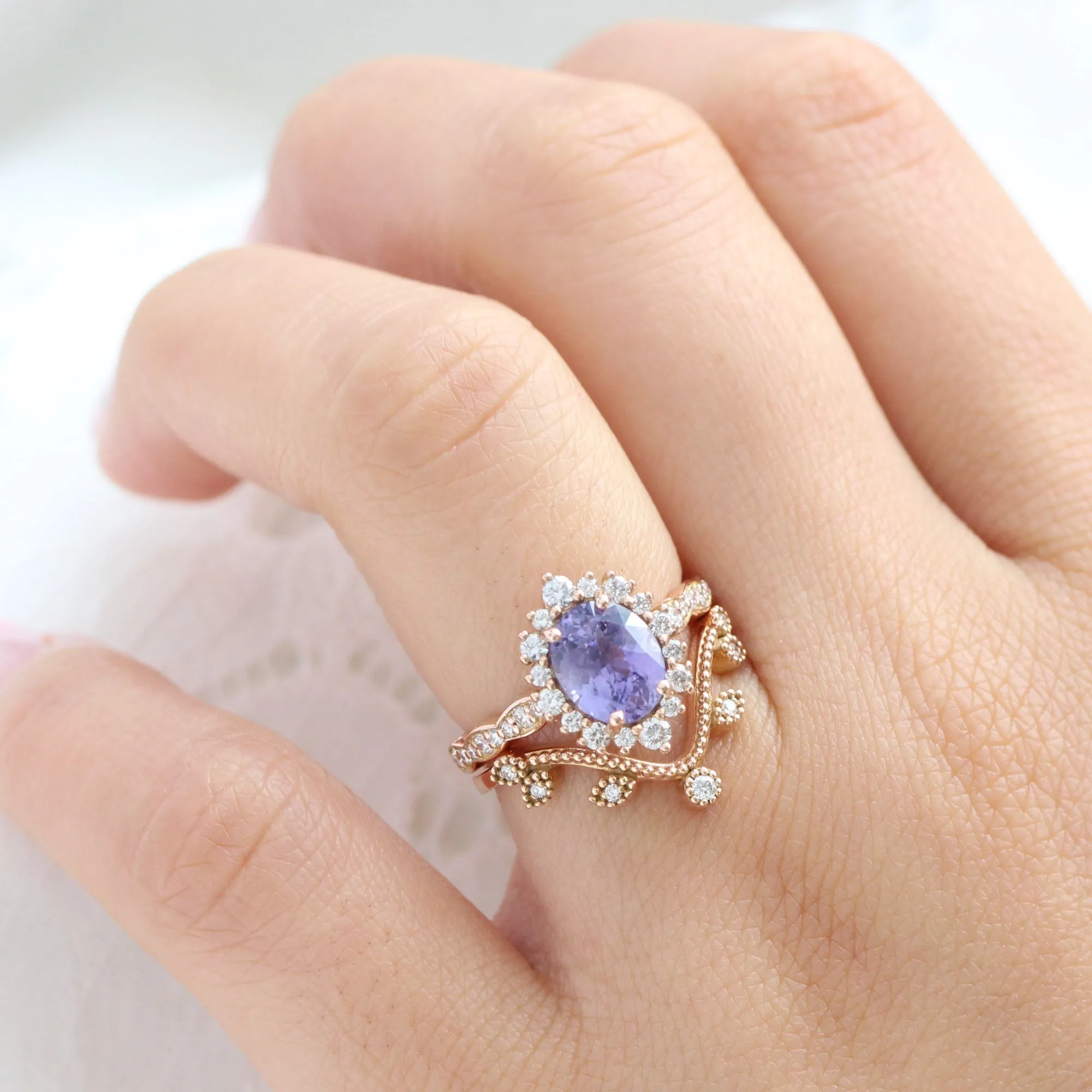 2.72 Ct Oval Purple Sapphire Ring in 14k Rose Gold Tiara Halo Diamond, Size 6.25