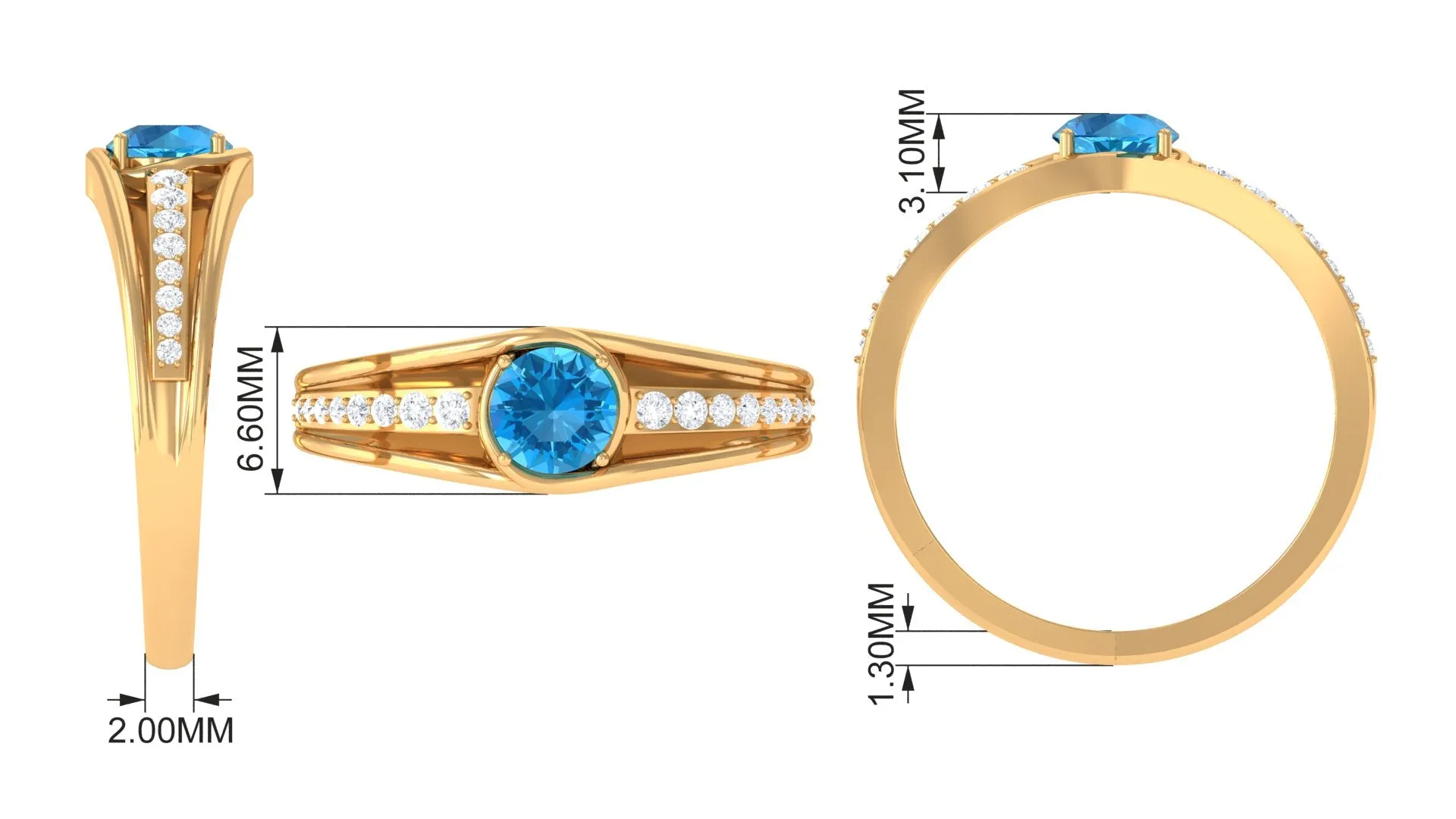 3/4 CT Round Shape Swiss Blue Topaz Solitaire Ring with Diamond Side Stones