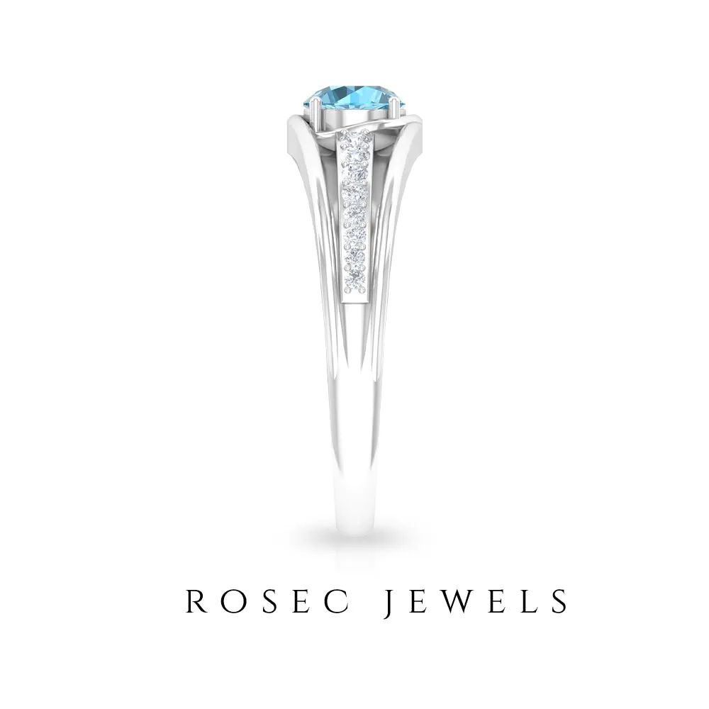 3/4 CT Round Shape Swiss Blue Topaz Solitaire Ring with Diamond Side Stones