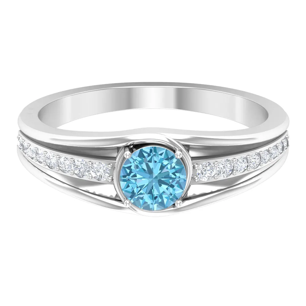 3/4 CT Round Shape Swiss Blue Topaz Solitaire Ring with Diamond Side Stones