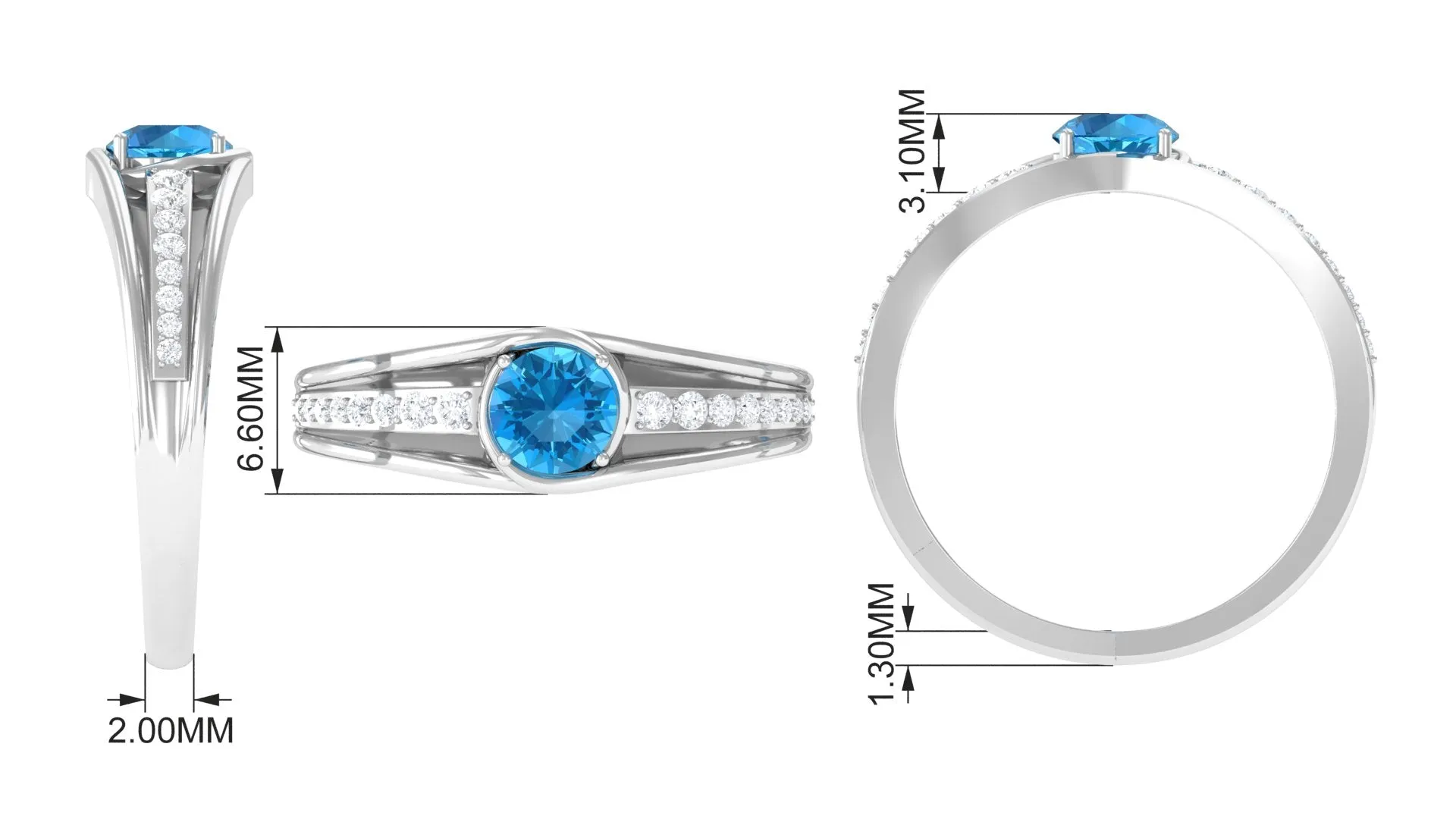 3/4 CT Round Shape Swiss Blue Topaz Solitaire Ring with Diamond Side Stones