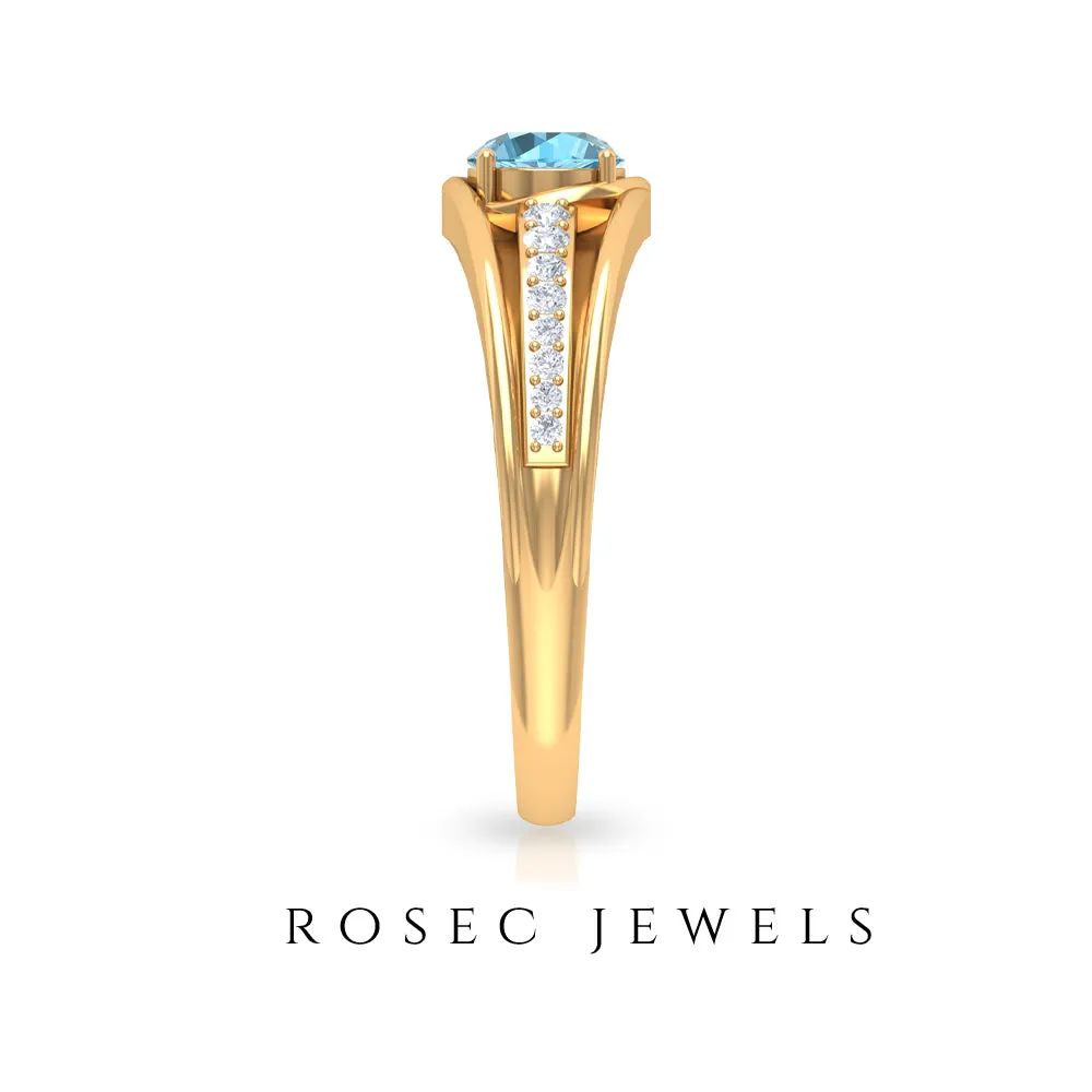 3/4 CT Round Shape Swiss Blue Topaz Solitaire Ring with Diamond Side Stones