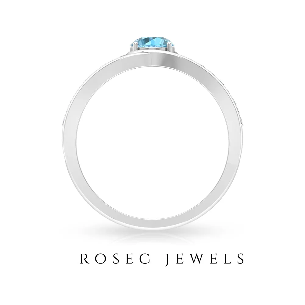 3/4 CT Round Shape Swiss Blue Topaz Solitaire Ring with Diamond Side Stones