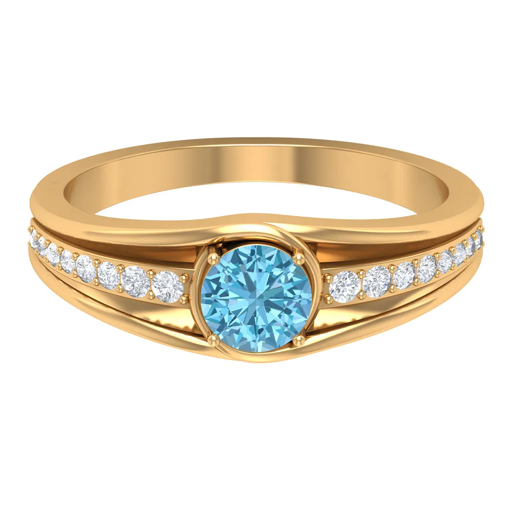 3/4 CT Round Shape Swiss Blue Topaz Solitaire Ring with Diamond Side Stones