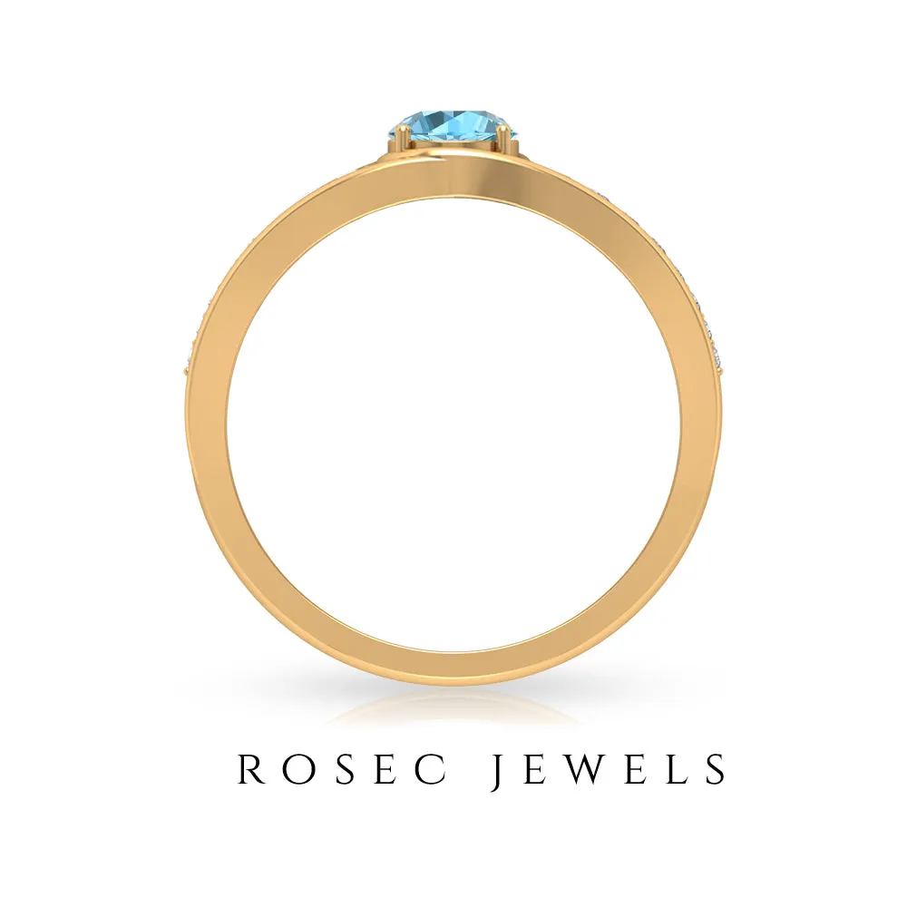3/4 CT Round Shape Swiss Blue Topaz Solitaire Ring with Diamond Side Stones