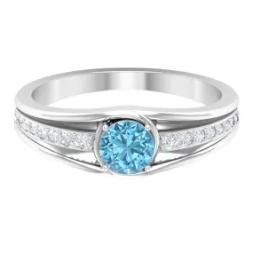 3/4 CT Round Shape Swiss Blue Topaz Solitaire Ring with Diamond Side Stones
