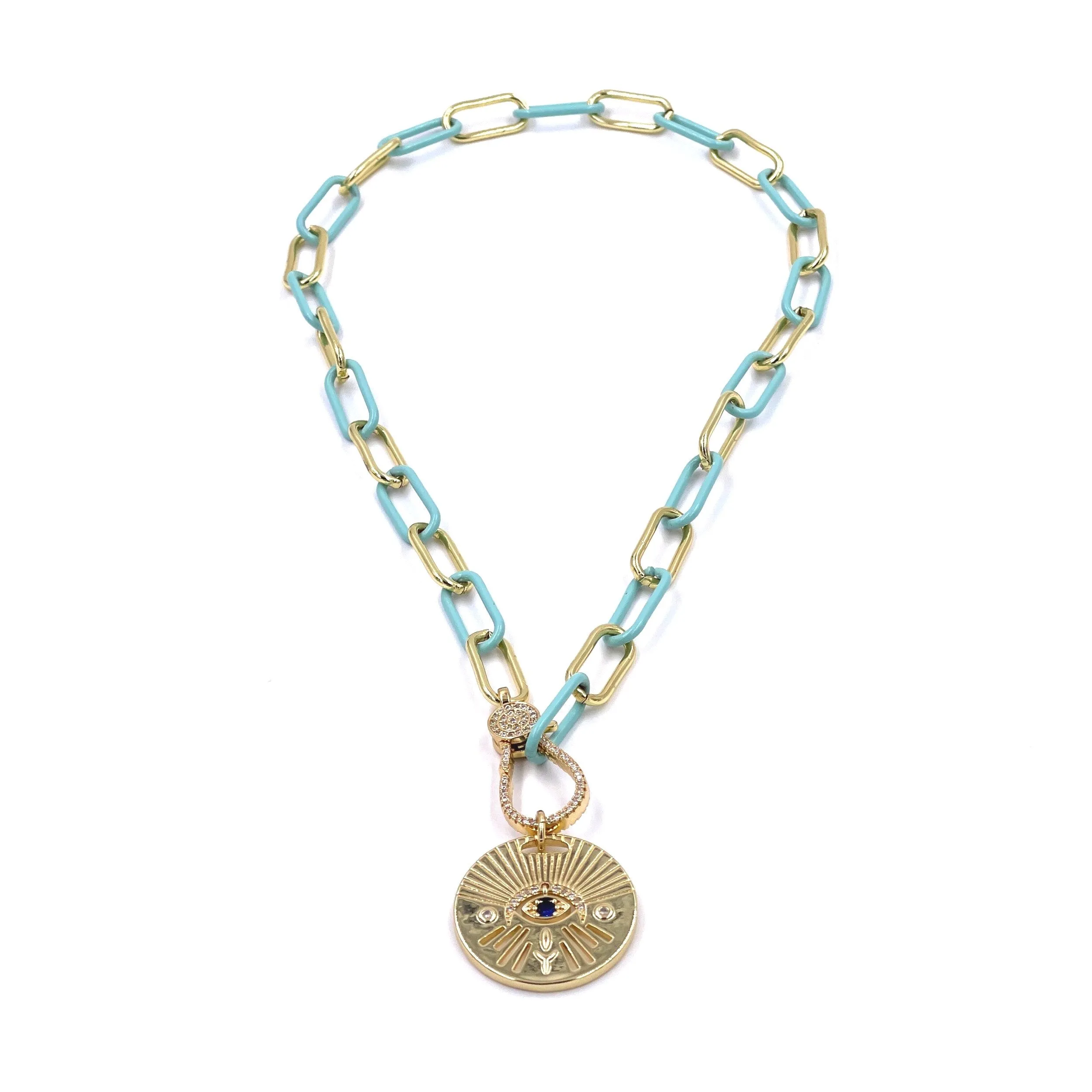 Ashley Gold Enamel And Gold Chain With Evil Eye CZ Lobster Necklace