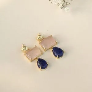 BIANC ROSE QUARTZ AND LAPIS DROP EARRING