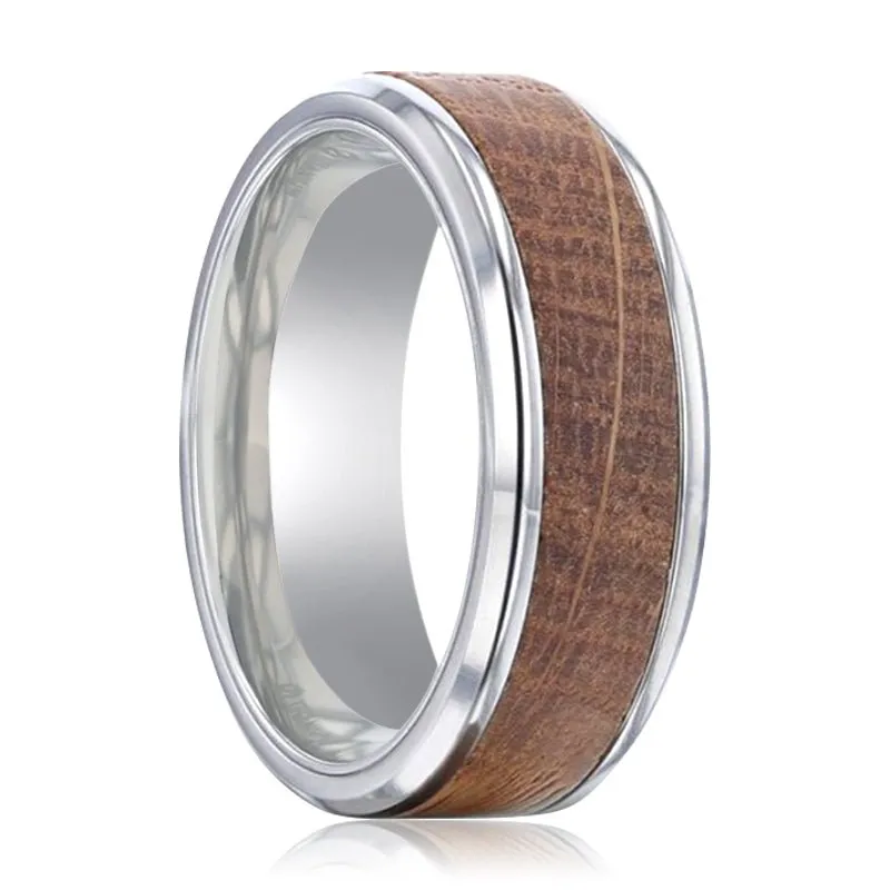 CASK | Silver Titanium Ring, Whiskey Barrel Wood Inlay, Beveled