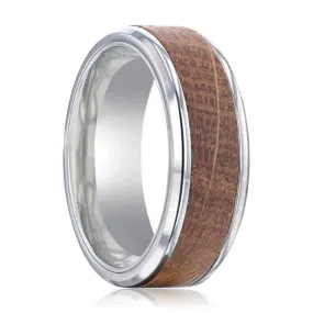 CASK | Silver Titanium Ring, Whiskey Barrel Wood Inlay, Beveled