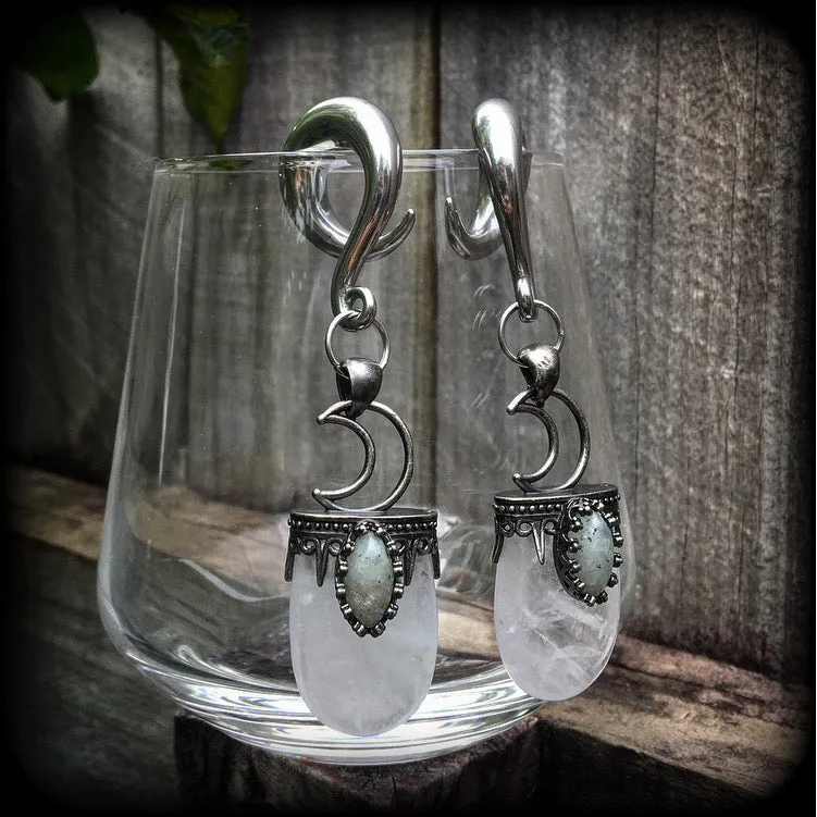 Clear quartz and labradorite ear hangers-Gauged earrings