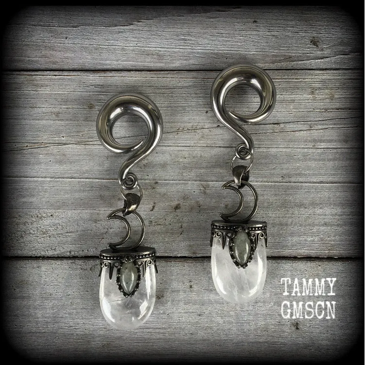Clear quartz and labradorite ear hangers-Gauged earrings