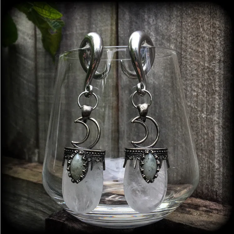 Clear quartz and labradorite ear hangers-Gauged earrings
