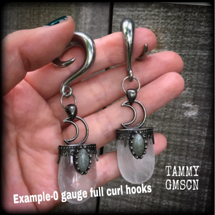 Clear quartz and labradorite ear hangers-Gauged earrings