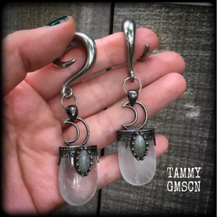 Clear quartz and labradorite ear hangers-Gauged earrings