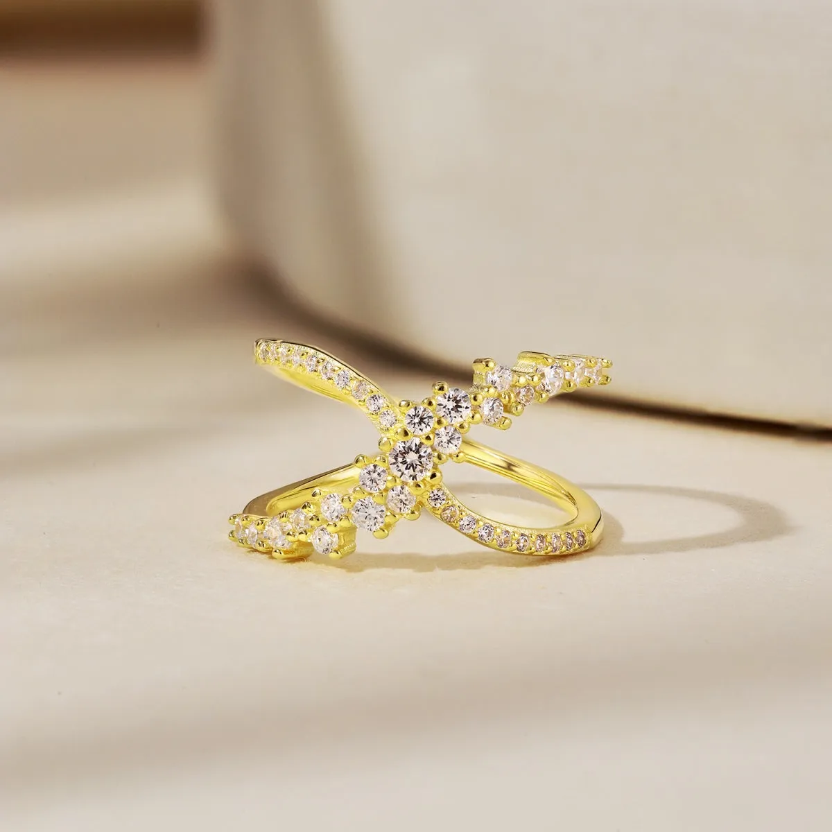 Crystal Criss Cross Band Crossover Ring - Gold