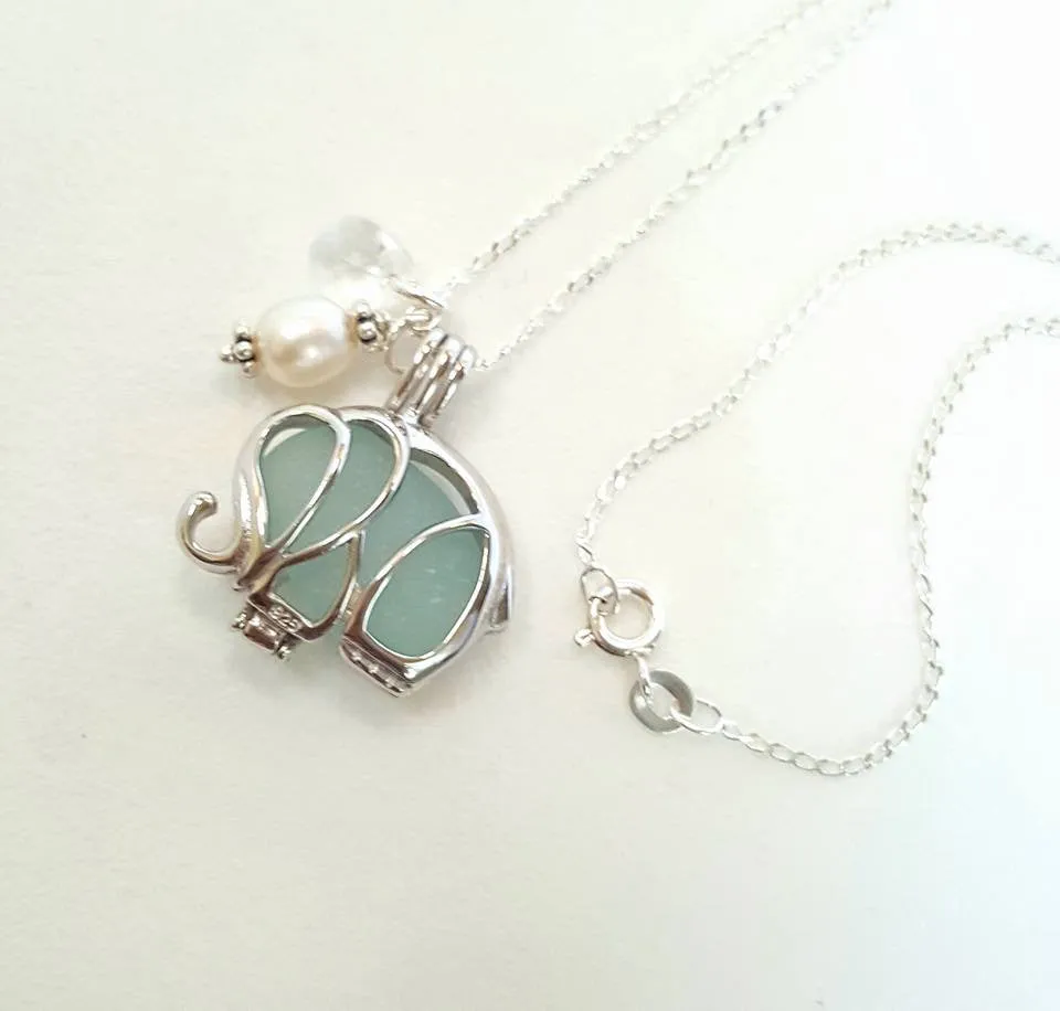 Elephant Necklace Genuine Aqua Sea Glass In Sterling Locket