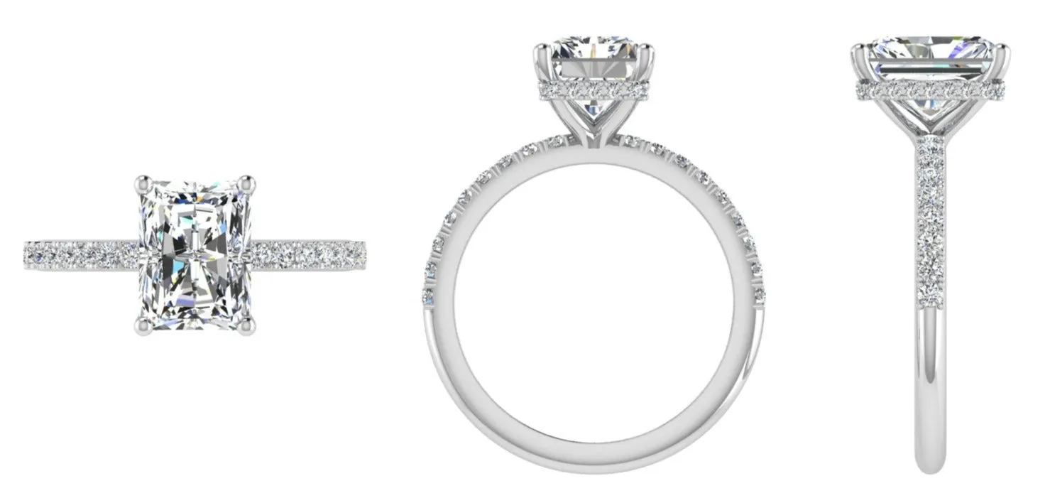 Elongated Cushion Diamond Side Stones Hidden Halo Engagement Ring