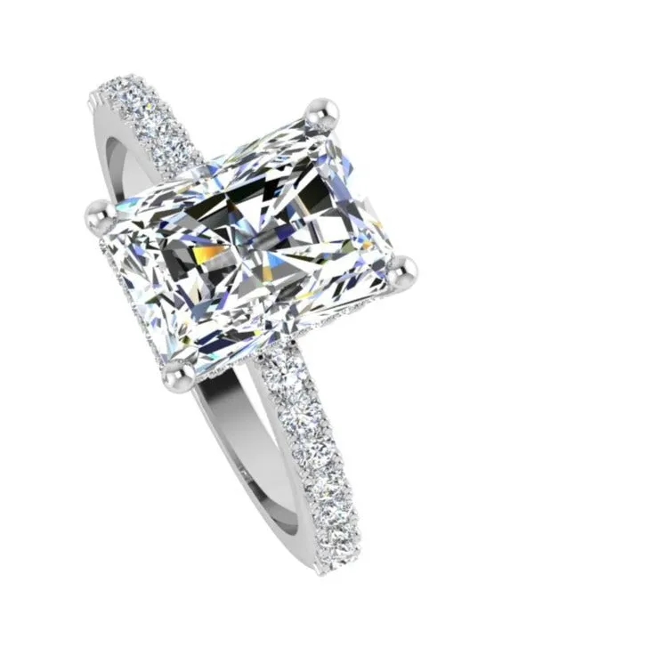 Elongated Cushion Diamond Side Stones Hidden Halo Engagement Ring