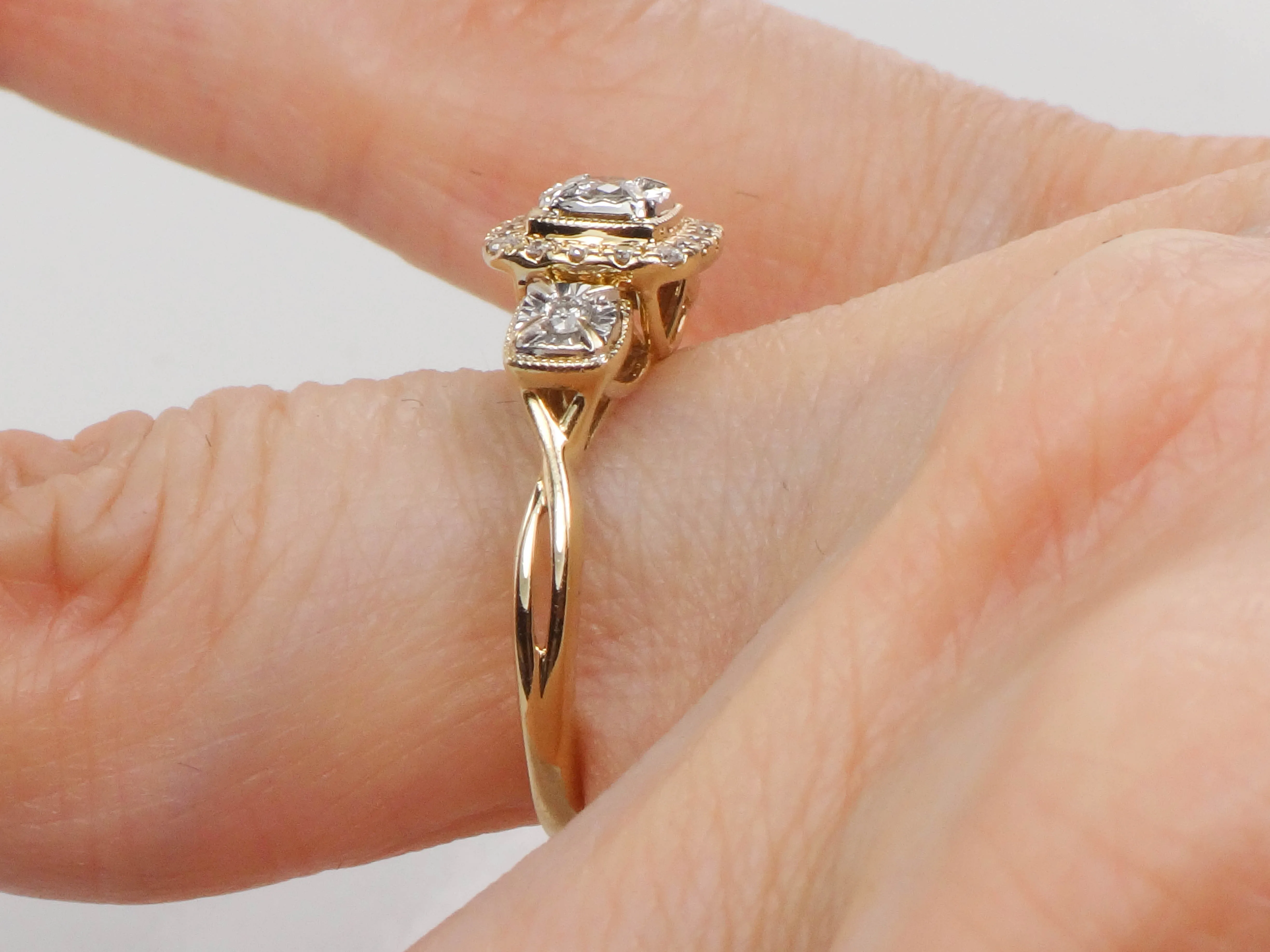 Estate 10k Two Tone Gold Diamond Halo Engagement Ring, Past Present Future Ring, Anniversary Ring