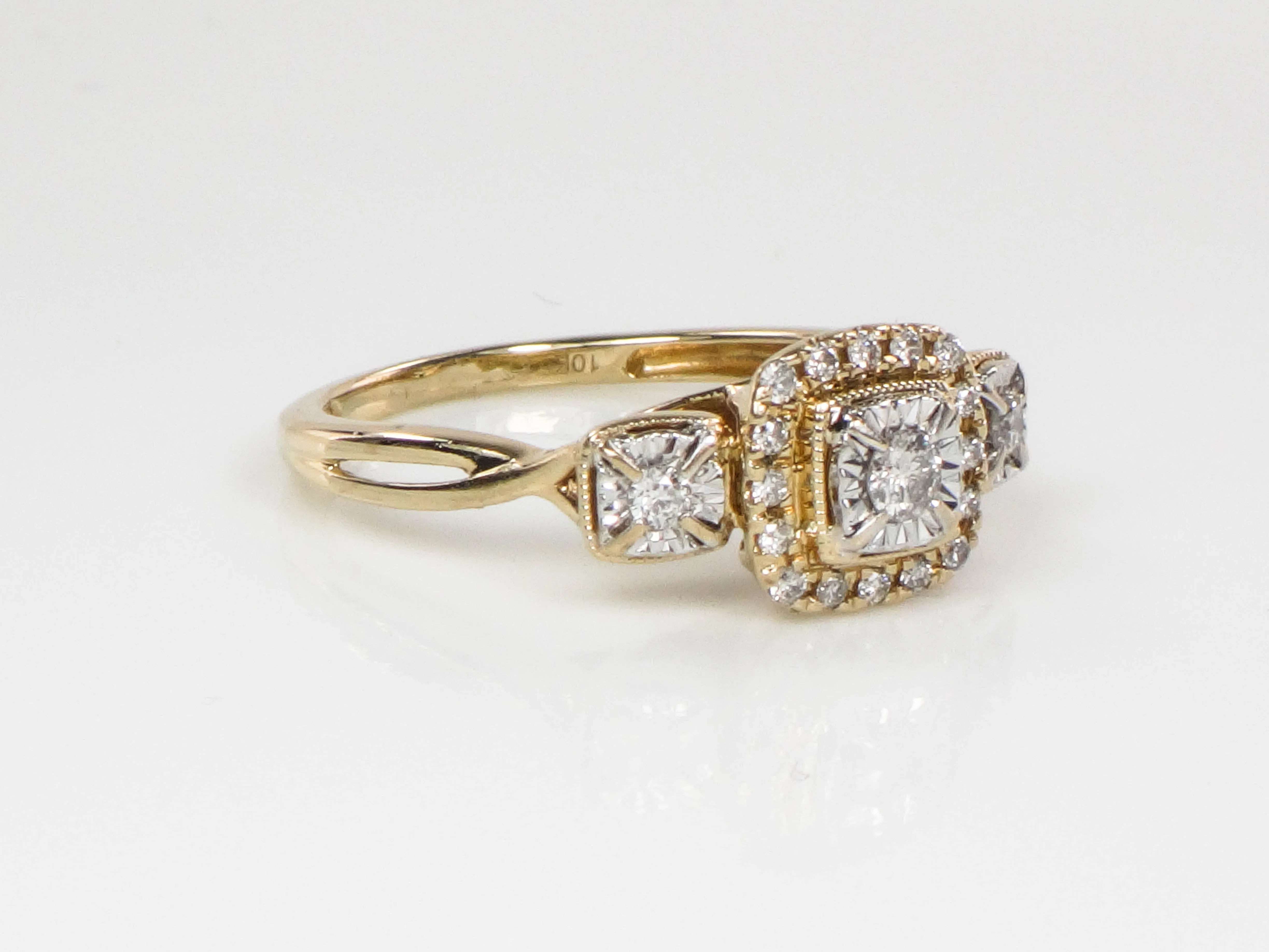 Estate 10k Two Tone Gold Diamond Halo Engagement Ring, Past Present Future Ring, Anniversary Ring