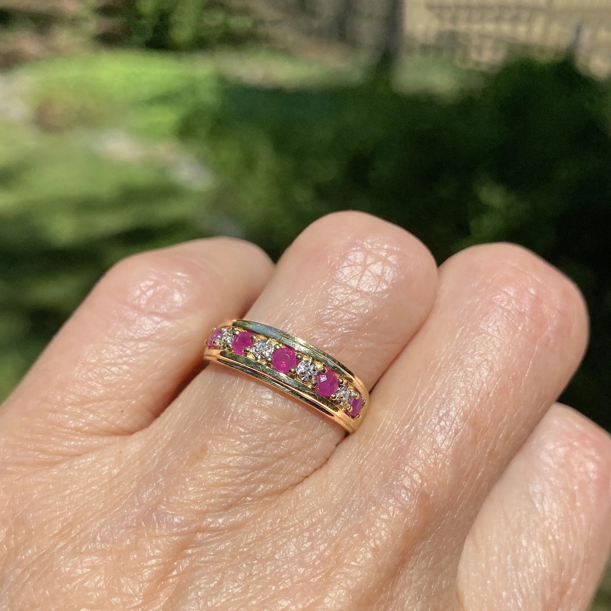 Fine Wide Gold Ruby Diamond Half Eternity Band Ring