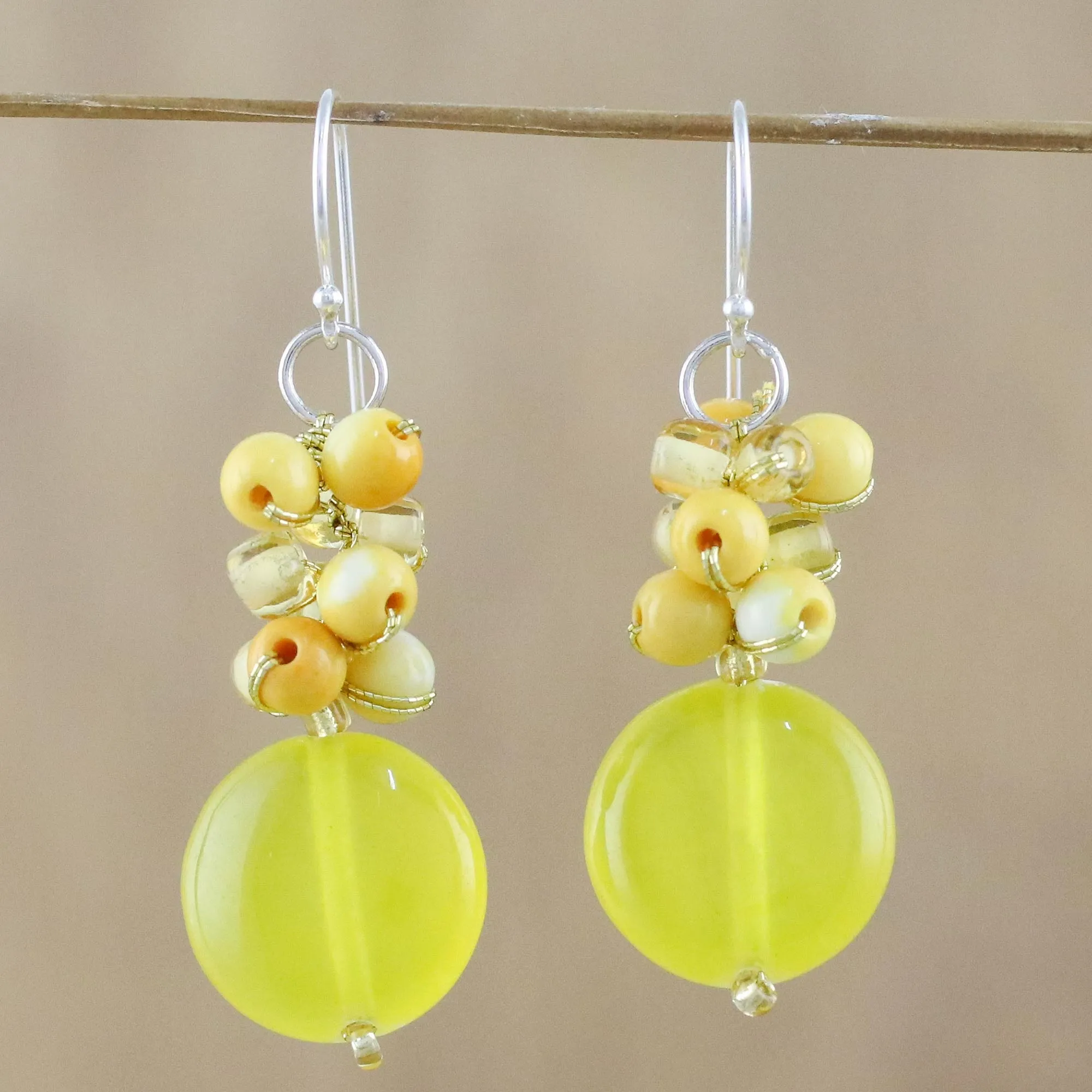 Fun Circles in Yellow Quartz and Glass Bead Dangle Earrings from Thailand