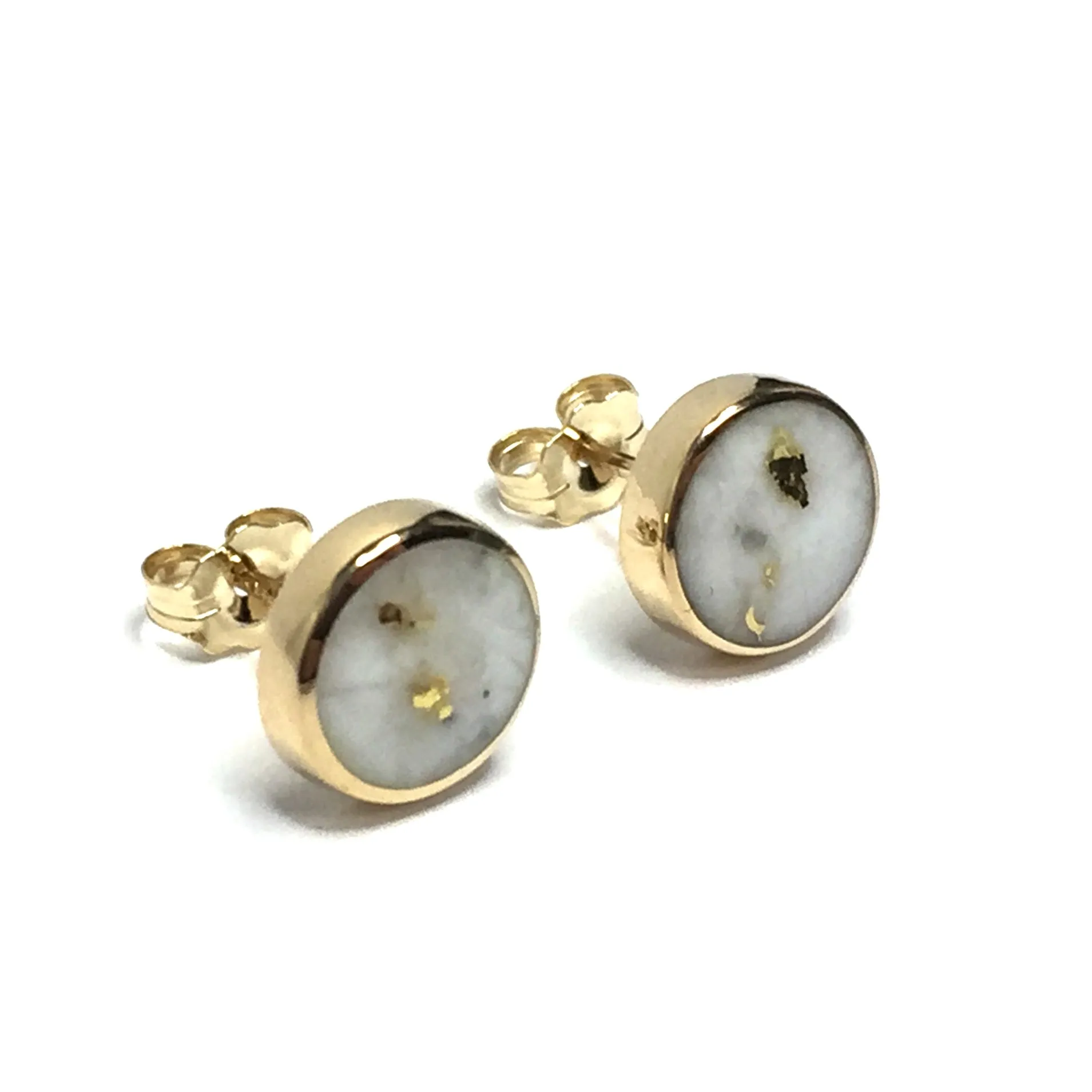 Gold Quartz Earrings 9mm Round Inlaid Studs