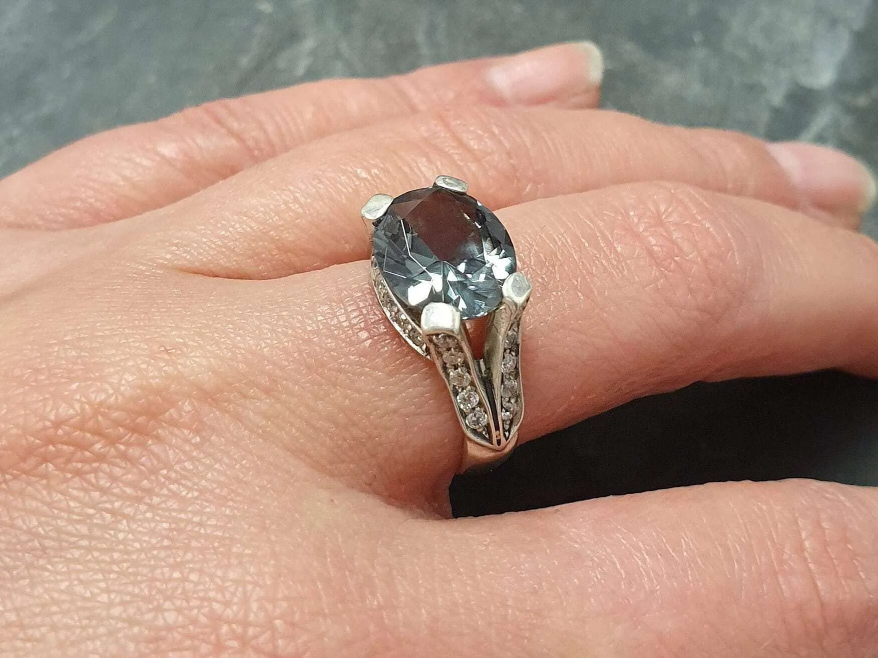 Green Diamond Ring - Statement Diamond Ring - Edwardian Silver Ring