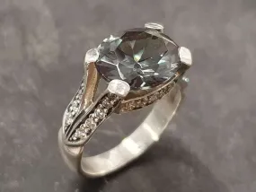 Green Diamond Ring - Statement Diamond Ring - Edwardian Silver Ring