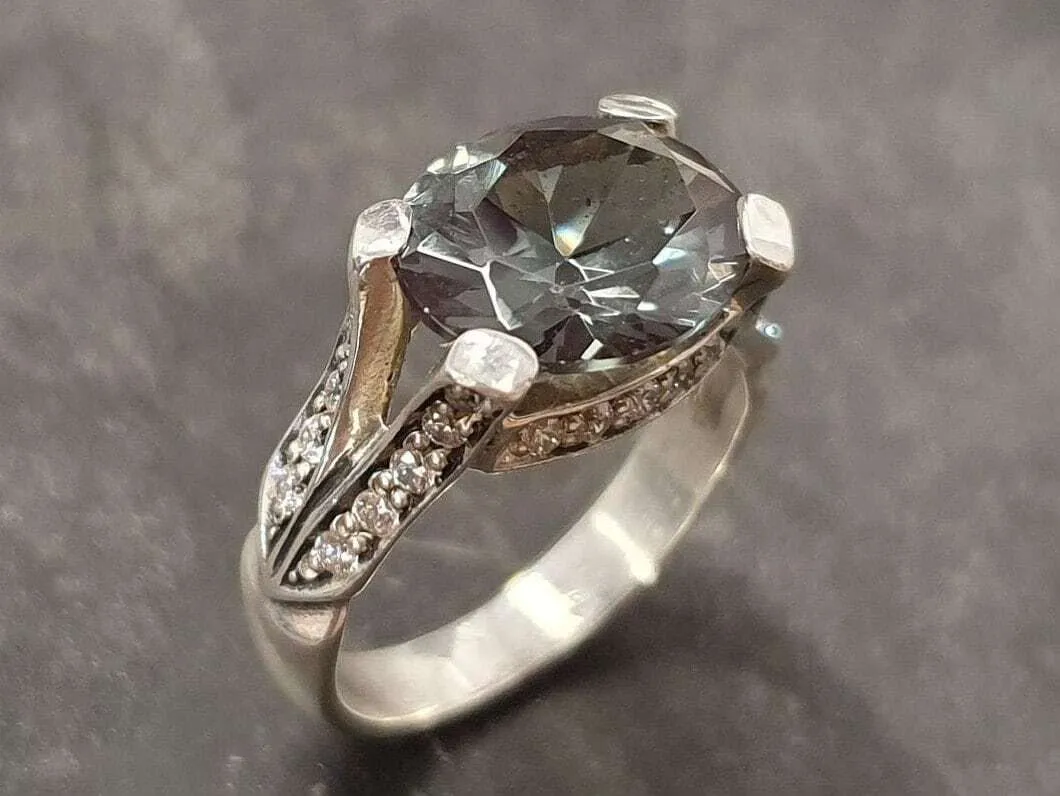Green Diamond Ring - Statement Diamond Ring - Edwardian Silver Ring