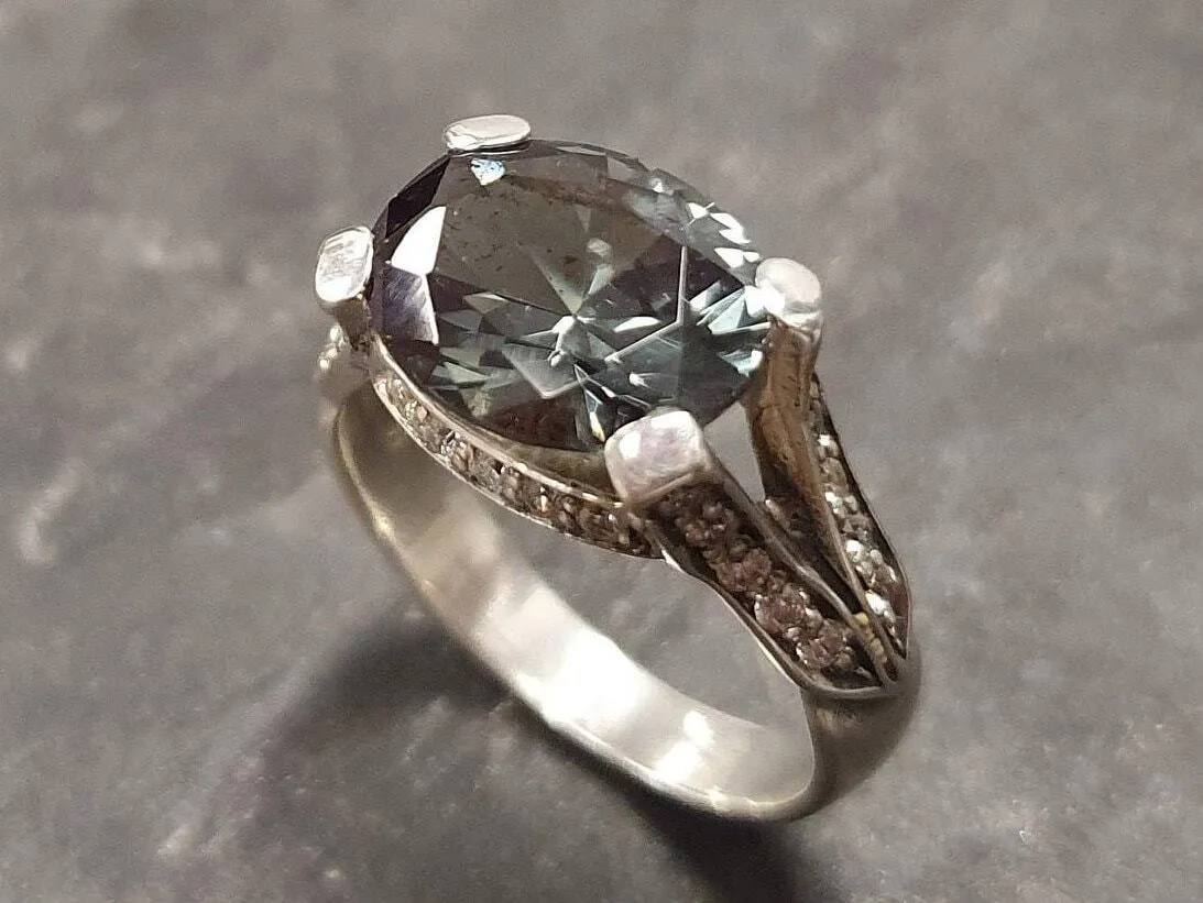 Green Diamond Ring - Statement Diamond Ring - Edwardian Silver Ring