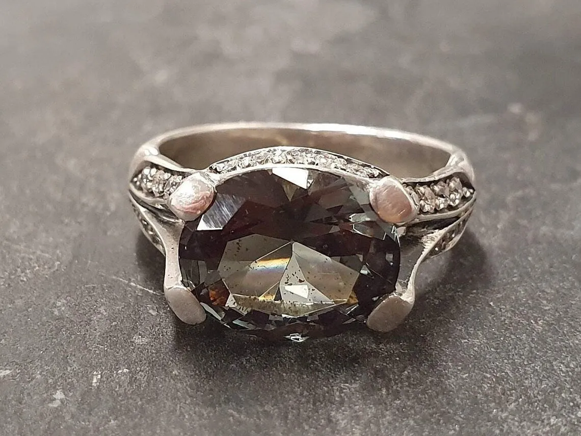 Green Diamond Ring - Statement Diamond Ring - Edwardian Silver Ring