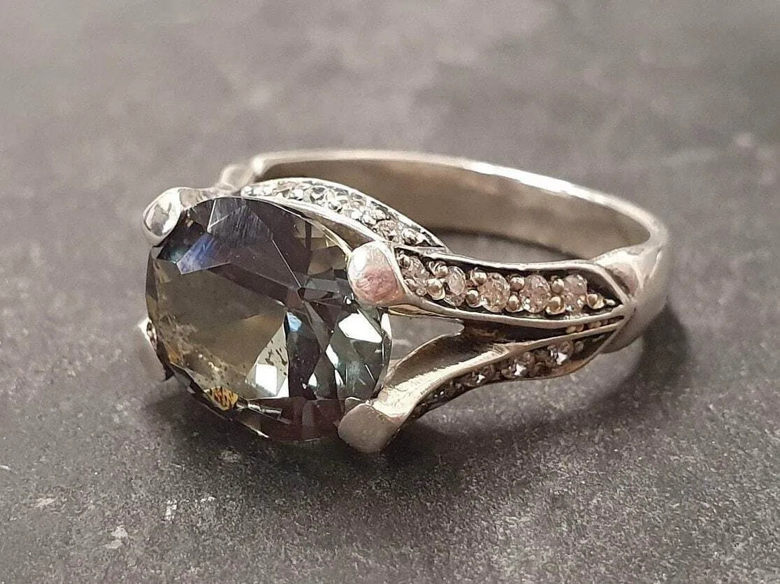 Green Diamond Ring - Statement Diamond Ring - Edwardian Silver Ring