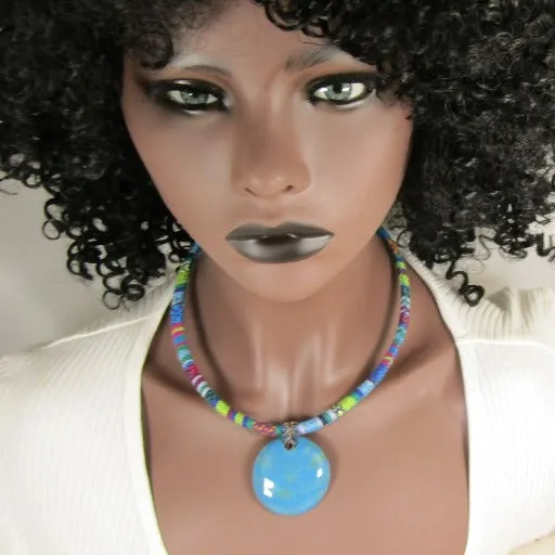 Handmade Blue and Green Fair Trade Kazuri Pendant Cotton Cord Necklace