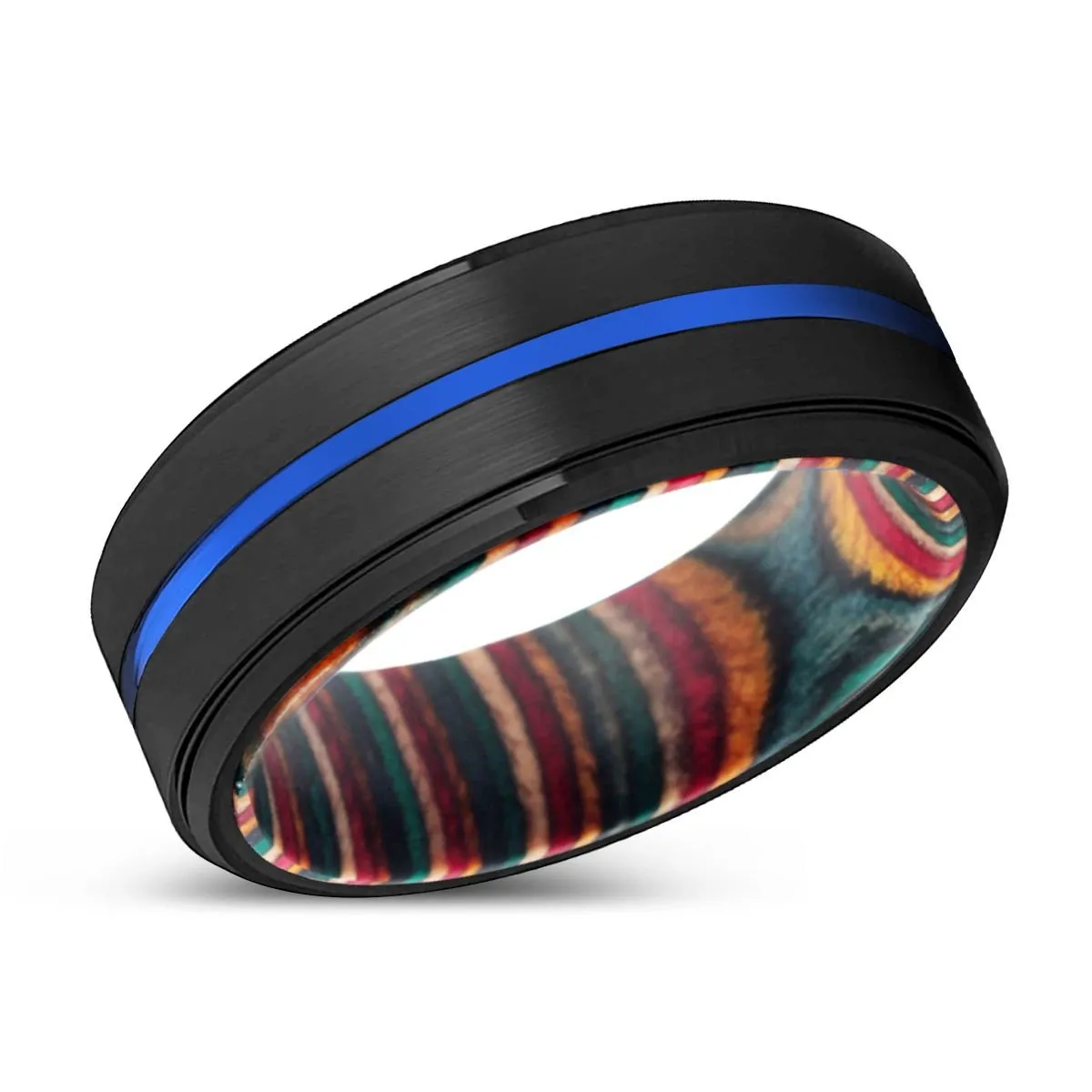 JIMMY | Multi Color Wood, Black Tungsten Ring, Blue Groove, Stepped Edge