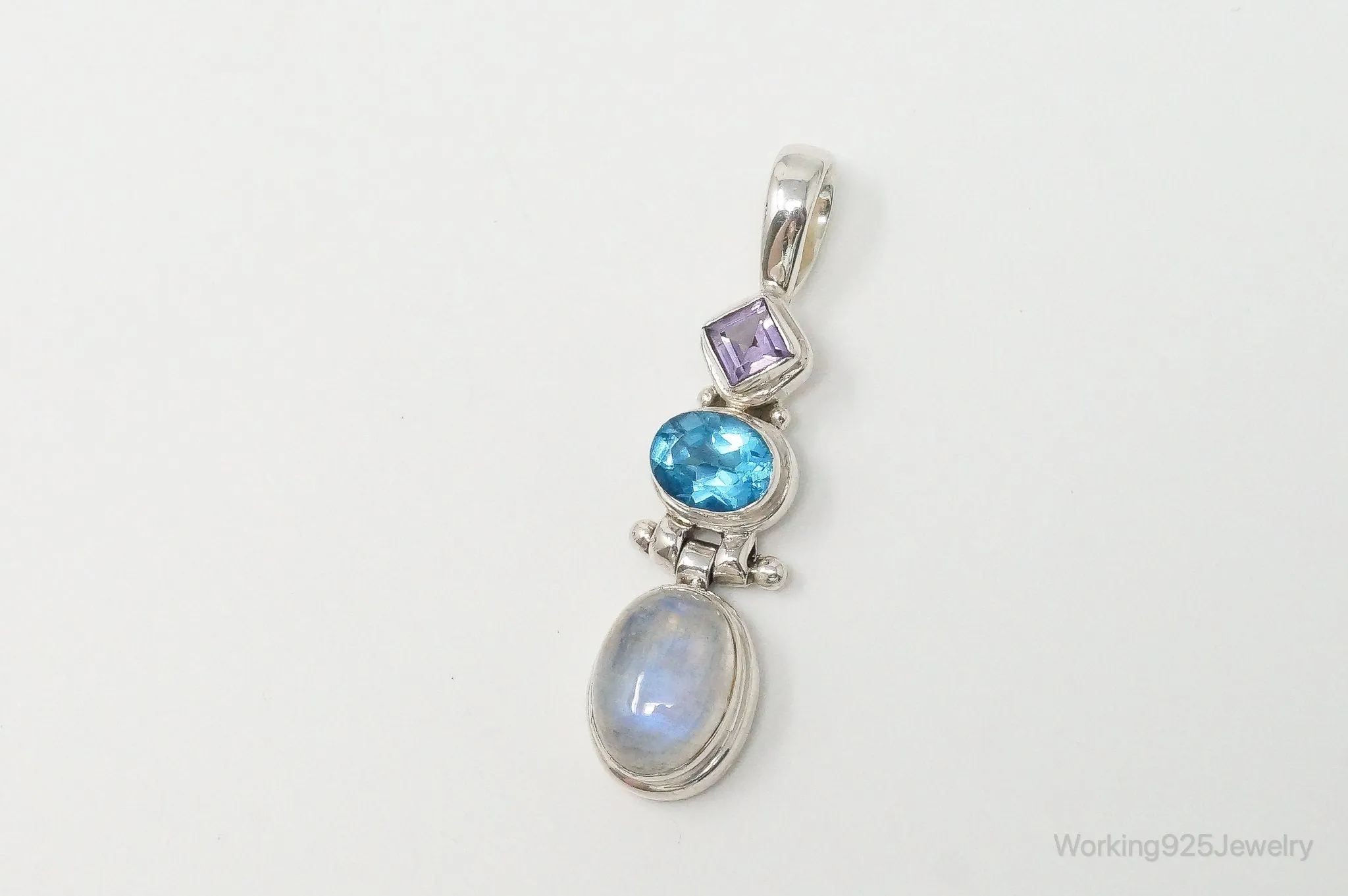 Large Vintage Blue Topaz Amethyst Moonstone Sterling Silver Pendant