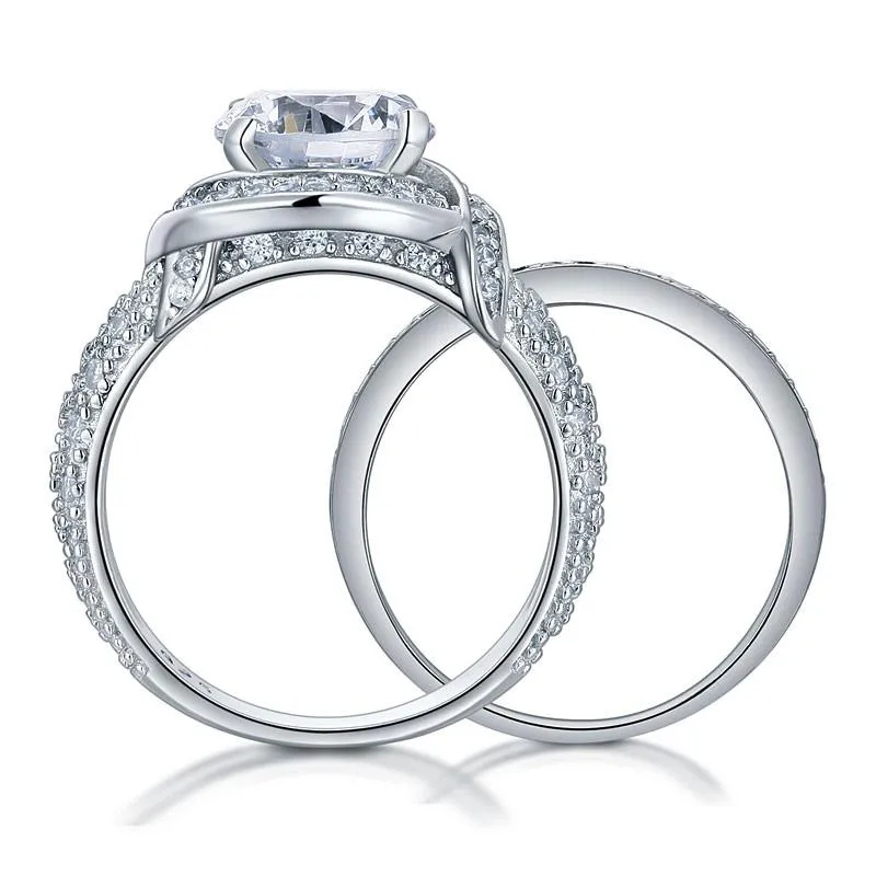 Luxury 925 Sterling Silver Wedding Anniversary Ring Set Vintage Created Diamond