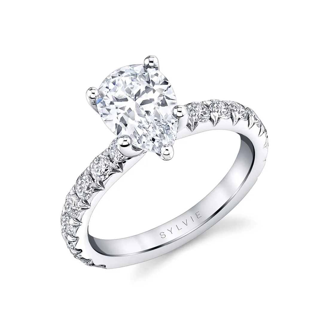 Pear Shaped Classic Wide Band Engagement Ring - Marlise 18k Gold White