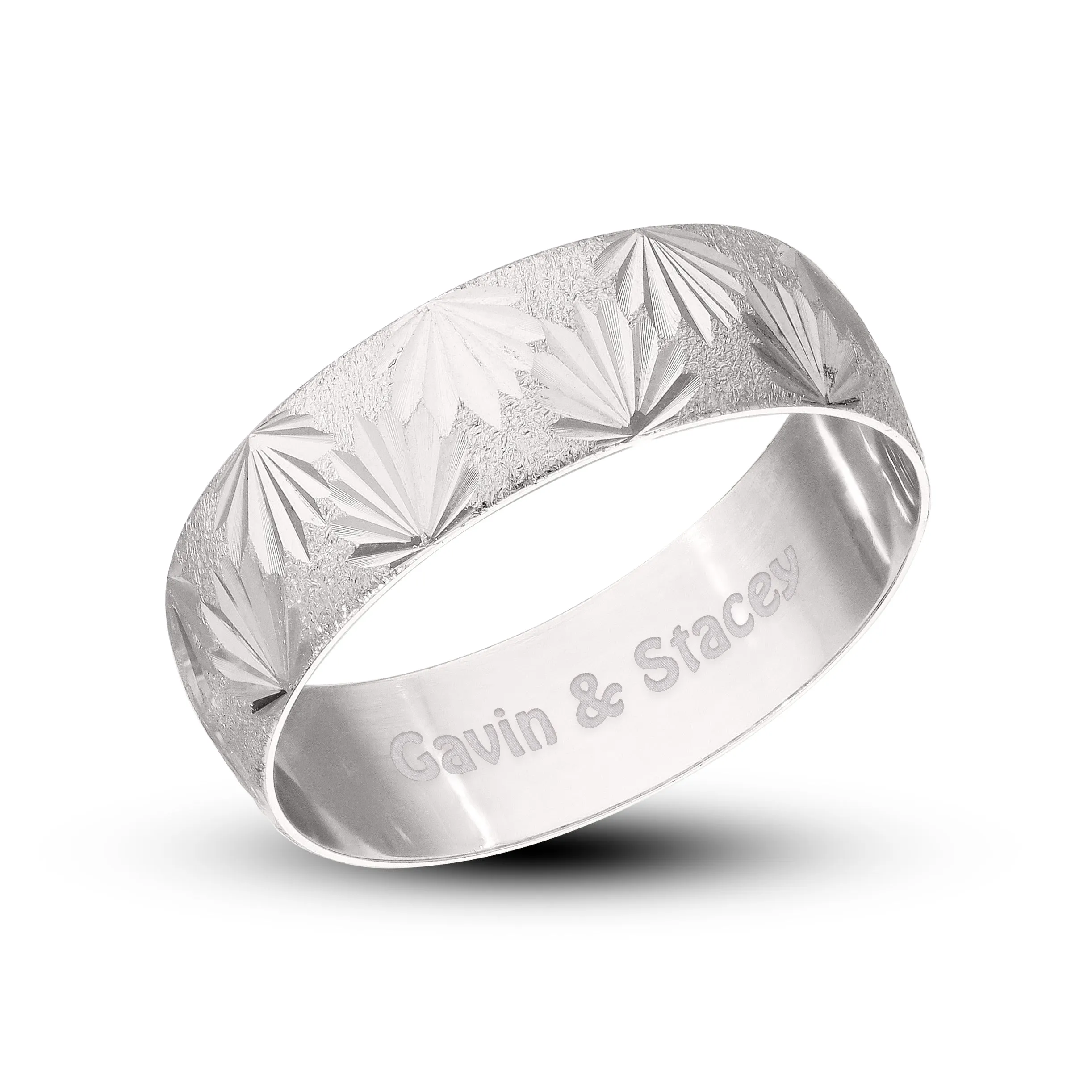 Personalised 9ct White or Yellow Gold Groom's Wedding Ring Matt with Diamond Cut Leaf effect