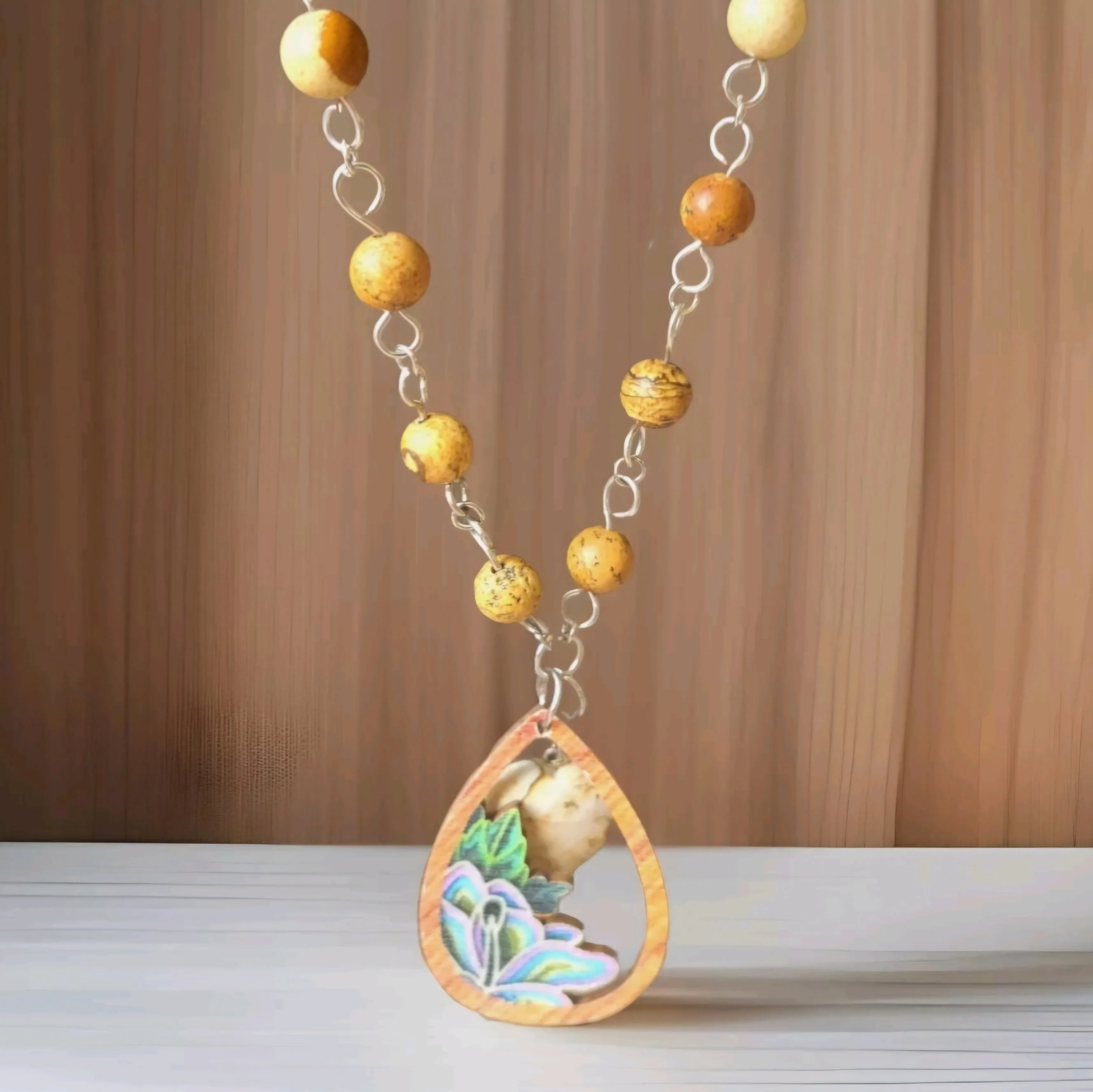 Picture Jasper Bead Link Necklace Heart Charm Teardrop Succulent Wood Pendant