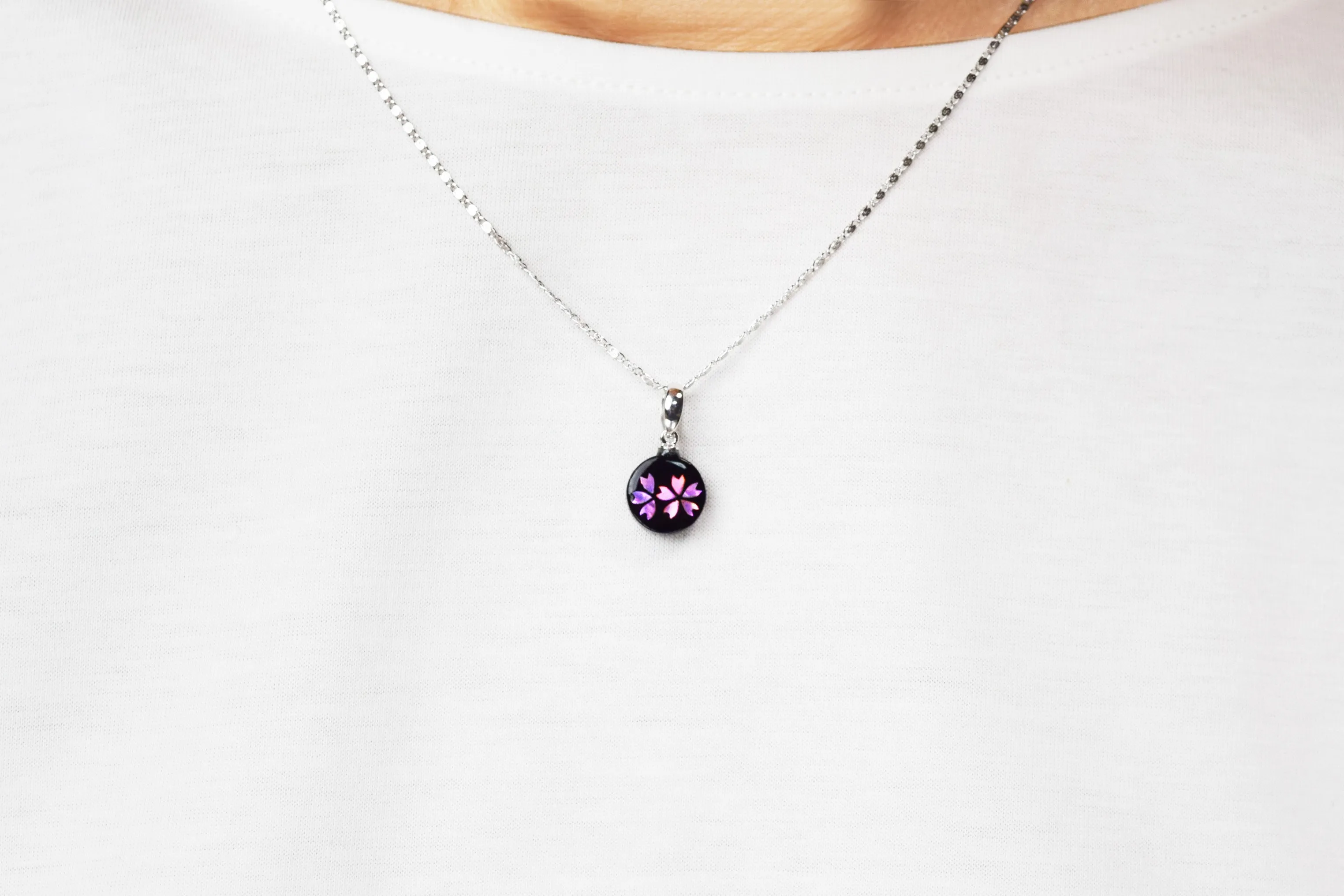 Raden Pendant Necklace - Cherry Blossom / Pink Color / Small Size-, Japanese Lacquer Jewelry, Kyoto Jewelry