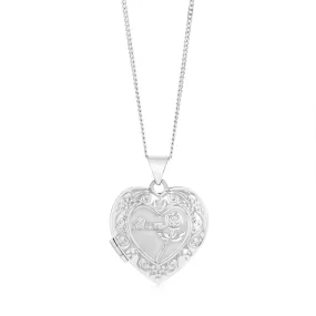 Sterling Silver Rhodium Plated Engraved Heart Locket