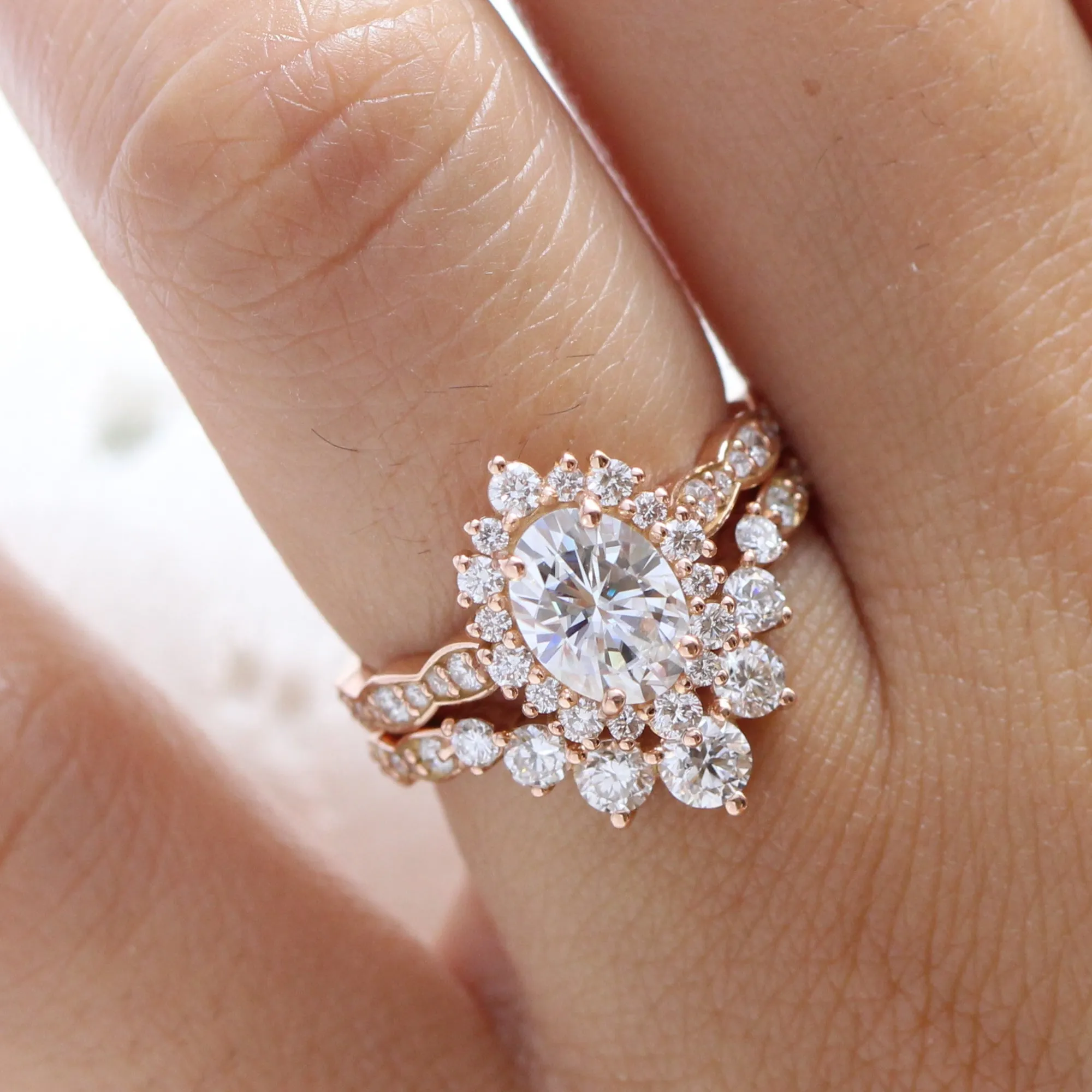 Tiara Halo Scalloped Ring Set w/ Oval Moissanite and Large 7 Diamond U Band