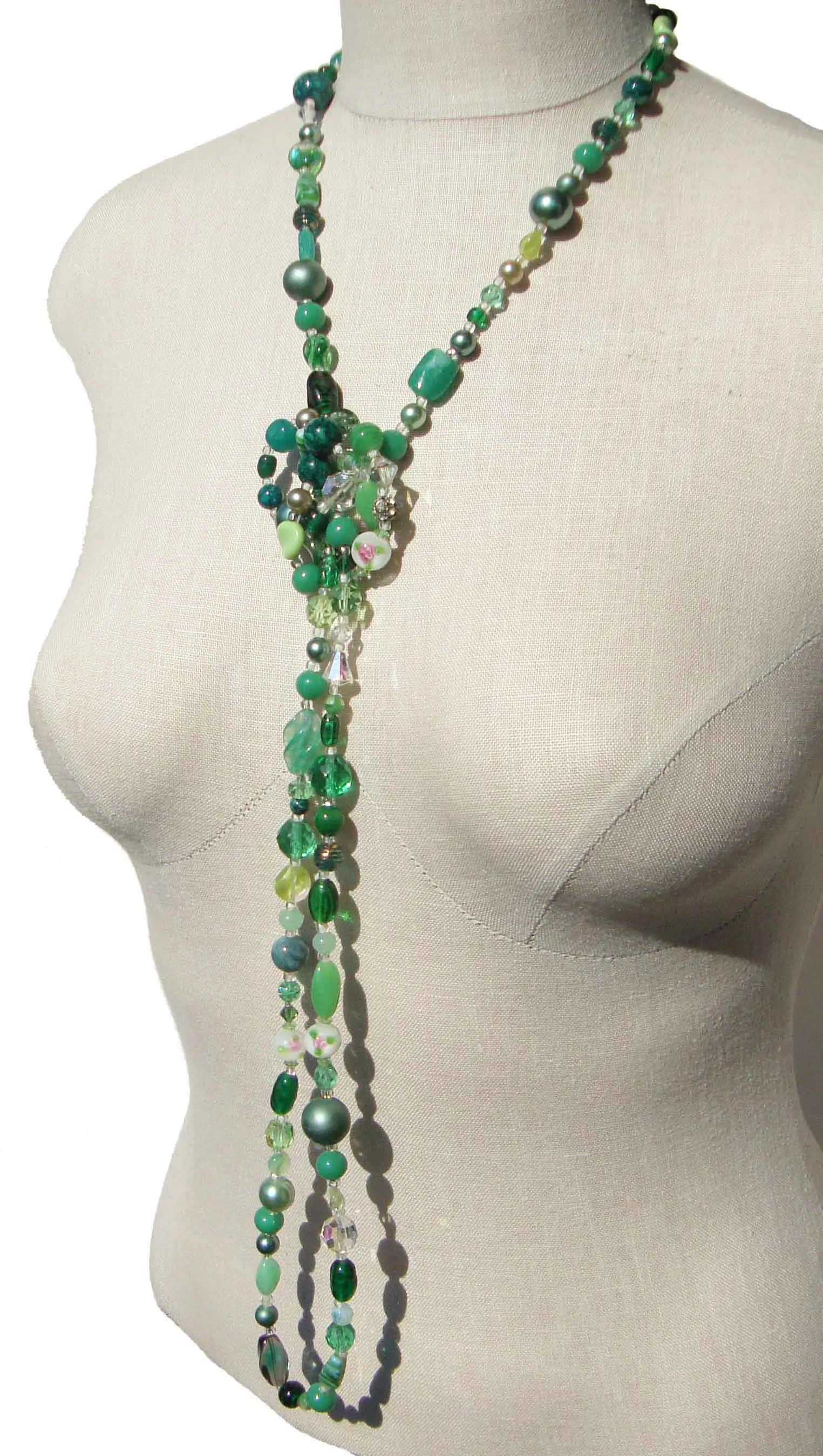 Vintage Venetian Beaded Necklace Green Rope Lampwork Glass Beads